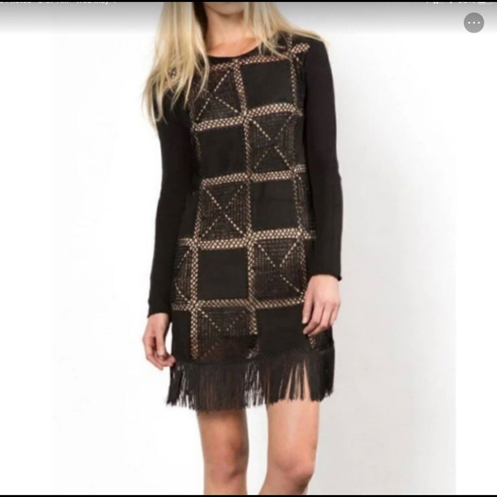 Willow & Clay Black Crochet and Suede Patchwork Black Dress w/Nude Slip Fringe M